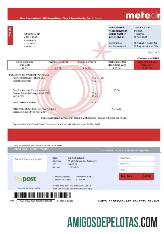 imprimível Modelo de conta de serviços públicos meteorológicos da Irlanda totalmente editável em formatos PSD